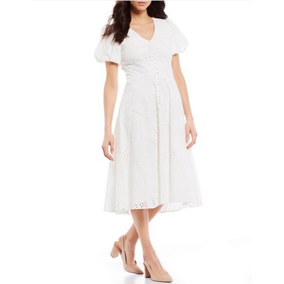 Puff Sleeves Button Down Eyelet Dress - Picture 1 of 8